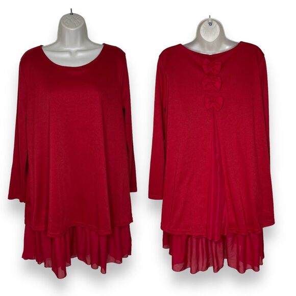 CL Shang Collection Red Rib Knit Chiffon Bow Back Ruffle Tiered Dress Women XL - Picture 1 of 14
